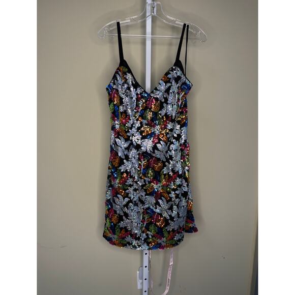 Mac Duggal NWT Sequined Floral Detail Mini Dress in Black Multi Size 10 - Picture 4 of 8